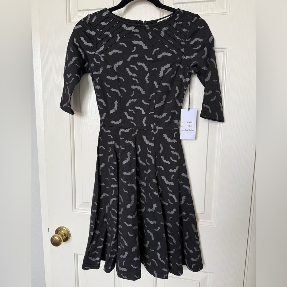 Unique Vintage XS Black and Grey Bat Print Flare Dress NWT